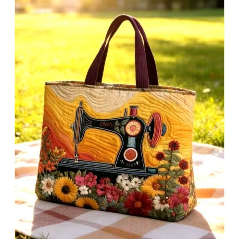Antique Sewing Machine Quilted Style Tote Bag Flowers Handles Gift 14 x 15-inch